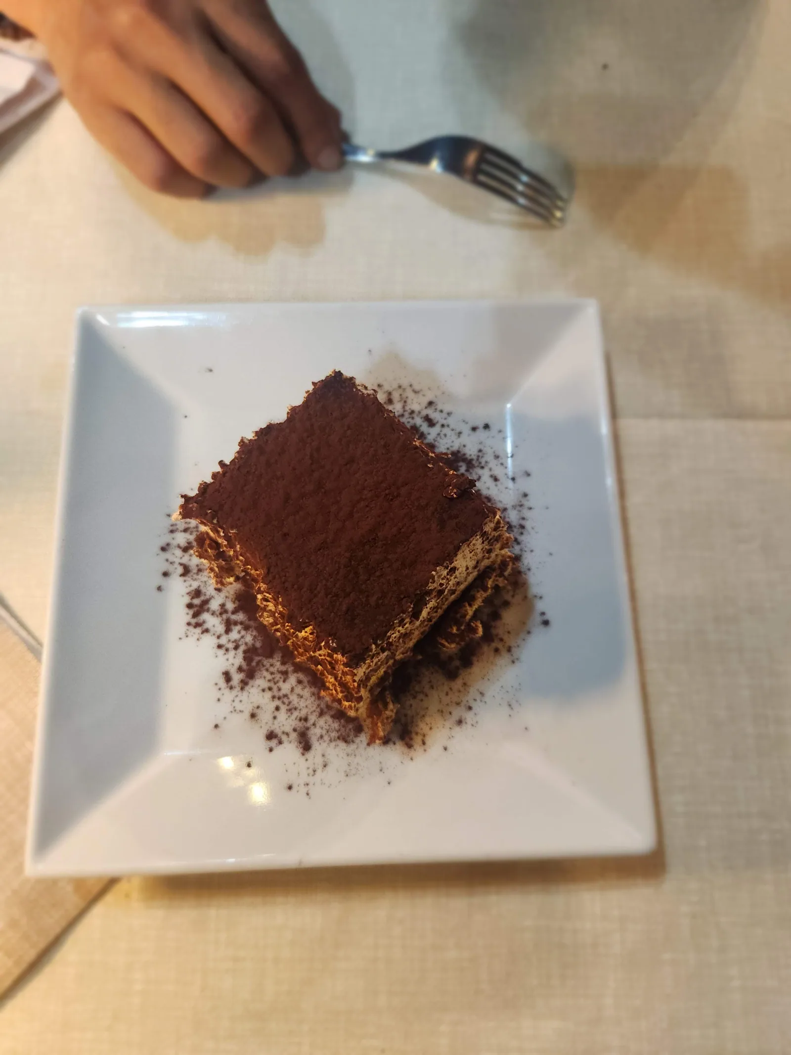 A slice of tiramisu dusted with cocoa in Venice