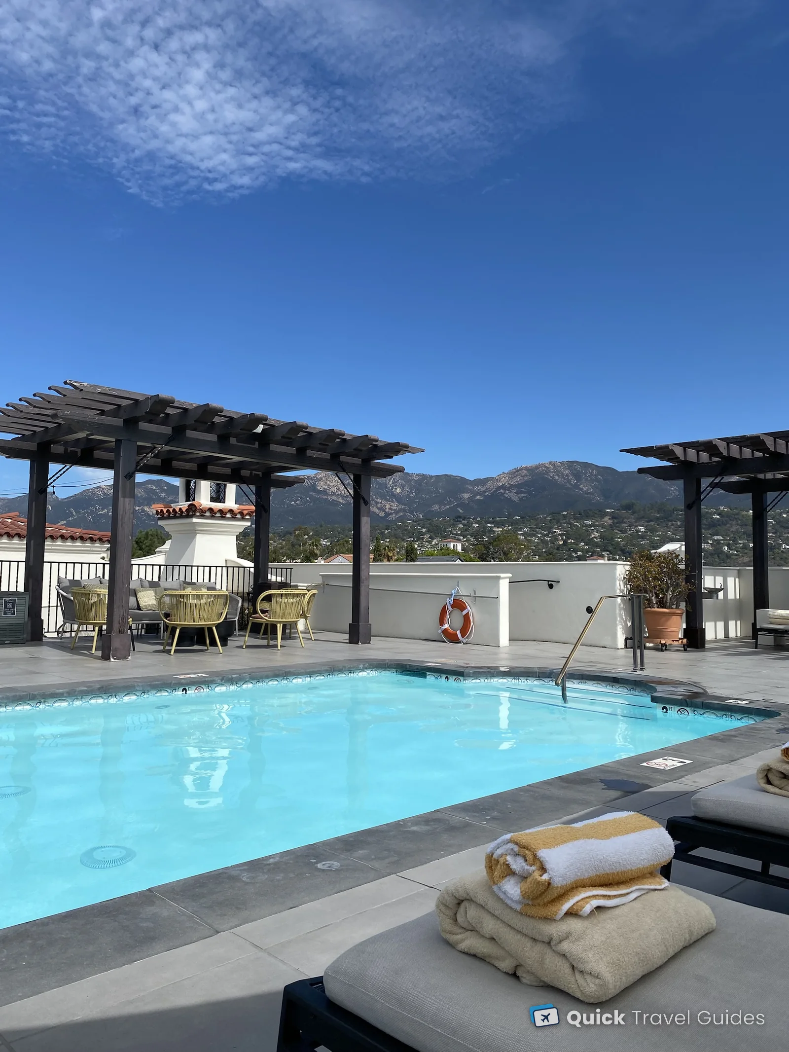 The rooftop pool at the Kimpton Canary in Santa Barbara, with the Santa Ynez Mountains behind it