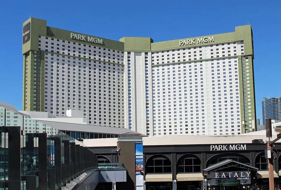 Park MGM and its Eataly entrance seen from the pedestrian bridge on the Strip