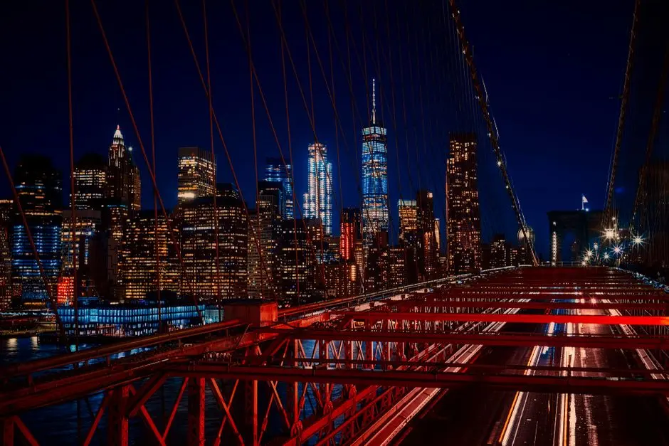 The Manhattan skyline at night from the Brooklyn Bridge