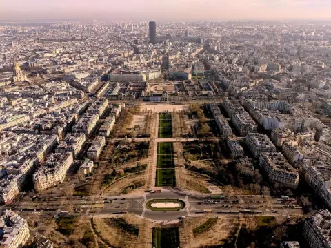The Champ de Mars and the rooftops of Paris from above