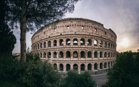 The Colosseum in Rome framed by trees