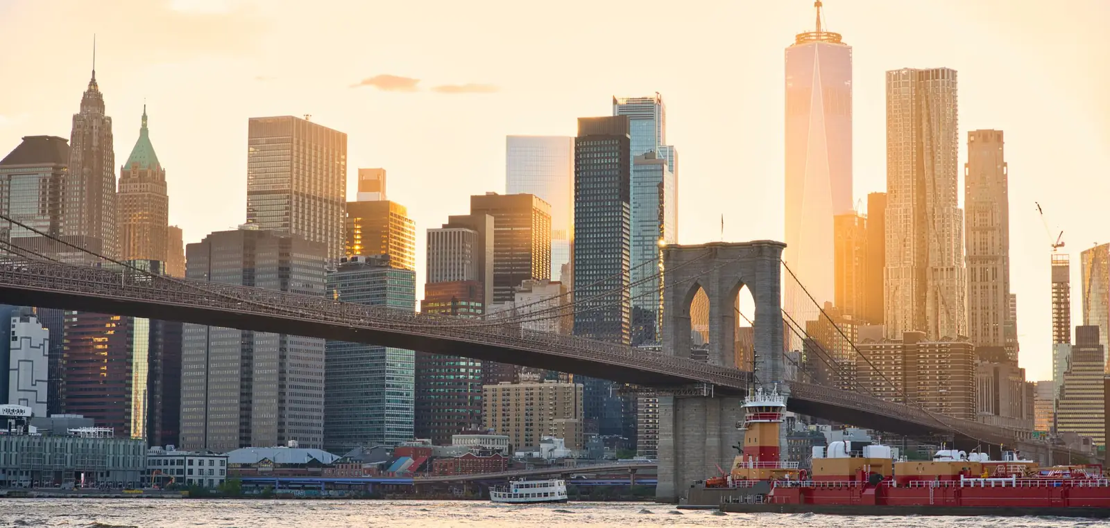 The Brooklyn Bridge and lower Manhattan at sunset