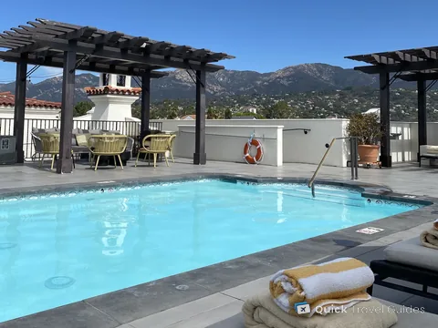 The rooftop pool at the Kimpton Canary in Santa Barbara, with mountains behind it